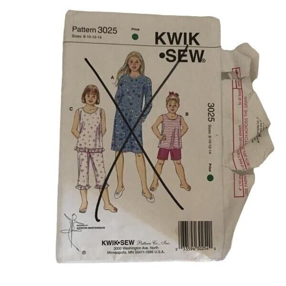 #3025 Kwik Sew Girls nightgown pajamas sleepwear, sewing pattern 8-14